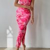Women's Summer Maxi Bodycon Dresses Strapless Tube Top Slit Floral Printed Party Club Long Dress