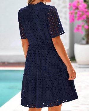 Summer Dresses for Women 2025 V Neck Hollow Out Eyelet Ruffle A Line Swing Short Beach Vacation Dress