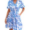 Women Summer Floral Short Dresses V Neck Short Sleeve Tiered Ruffle Boho Swing Dress A-Line Mini Dresses