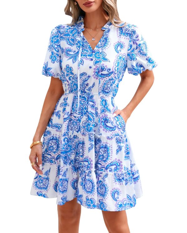 Women Summer Floral Short Dresses V Neck Short Sleeve Tiered Ruffle Boho Swing Dress A-Line Mini Dresses