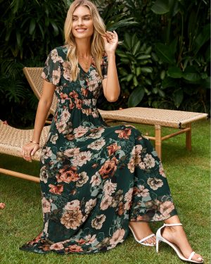 Simplee Womens Floral Maxi Dress - Short Sleeve Summer Boho Wedding Guest Dress Empire Waist Chiffon Modest Midi Dresses