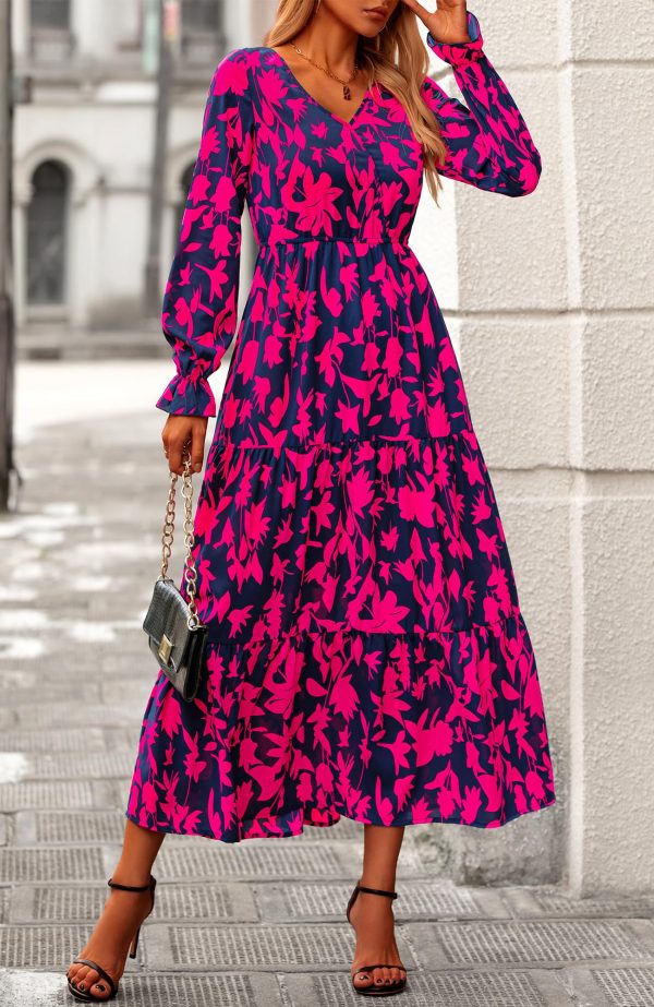 Women Spring Dresses 2025 Casual Long Sleeve V Neck Maxi Dresses Floral Boho Long Dress Wedding Guest Dress