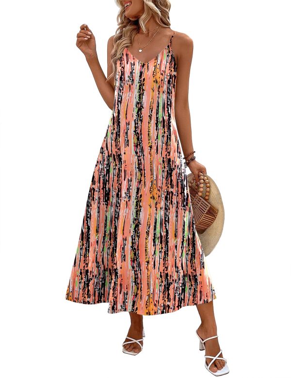 Womens Summer Maxi Dress Spaghetti Strap Casual Printed Dress Boho Floral Beach Sundress,