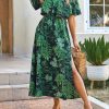 Women Ruffle Floral Maxi Summer Dress Off Shoulder Short Sleeve Backless Flounce Bodice Slit Hem Beach Dresses