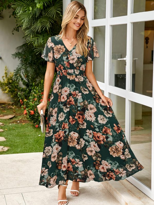 Simplee Womens Floral Maxi Dress - Short Sleeve Summer Boho Wedding Guest Dress Empire Waist Chiffon Modest Midi Dresses
