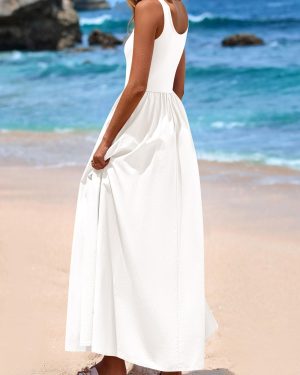 Womens Summer Casual Scoop Neck Sleeveless Long Dresses Tank Top Patchwork Aline Swing Maxi Dress with Pockets