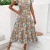 Women's Summer Casual Dress Flutter Short Sleeve V Neck Button Down Tiered Flowy Long Dress with Pockets