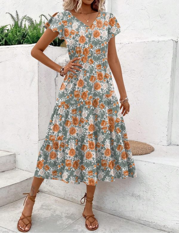 Women's Summer Casual Dress Flutter Short Sleeve V Neck Button Down Tiered Flowy Long Dress with Pockets