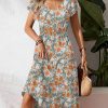 Women's Summer Casual Dress Flutter Short Sleeve V Neck Button Down Tiered Flowy Long Dress with Pockets