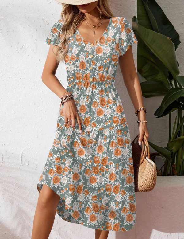 Women's Summer Casual Dress Flutter Short Sleeve V Neck Button Down Tiered Flowy Long Dress with Pockets
