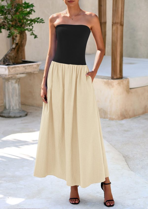 Women's 2025 Spring Strapless Maxi Dresses Patchwork Long Flowy Pockets Elegant Going Out Summer Tube Top Dress