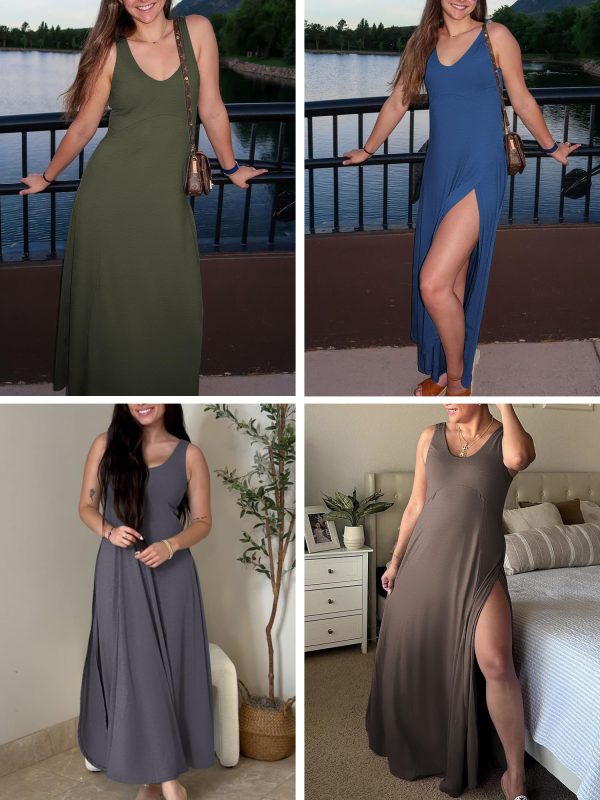 U Neck Backless Split Flowy Maxi Casual Tank Dress