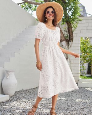 2025 Women's Eyelet Dresses Summer Square Neck Short Puff Sleeve Casual A Line Boho Midi Dress