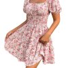 Women's Boho Square Neck Puff Short Sleeve Self Tie Front A Line Dress
