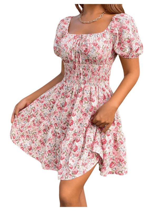 Women's Boho Square Neck Puff Short Sleeve Self Tie Front A Line Dress