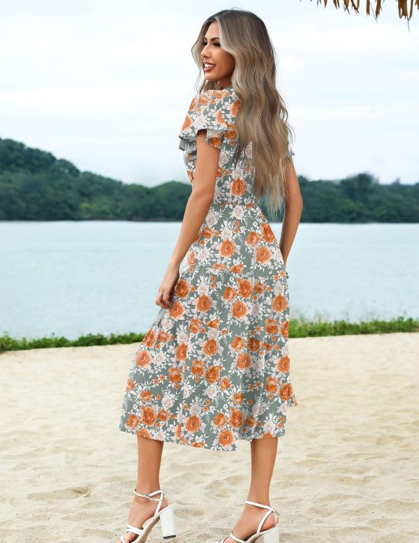 Women's Summer Casual Dress Flutter Short Sleeve V Neck Button Down Tiered Flowy Long Dress with Pockets