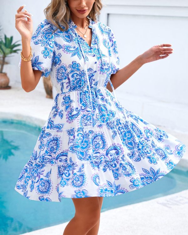 Women Summer Floral Short Dresses V Neck Short Sleeve Tiered Ruffle Boho Swing Dress A-Line Mini Dresses