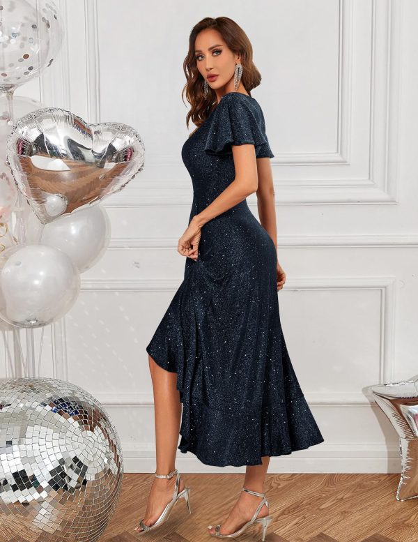 Women Sequin Formal Party Dress Flutter Short Sleeve Wedding Cocktail Long Evening Dress