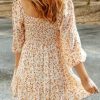 Spring Dresses for Women 2025 Boho Floral Square Neck Smocked 3/4 Sleeve Casual A-Line Swing Mini Dress Sundress