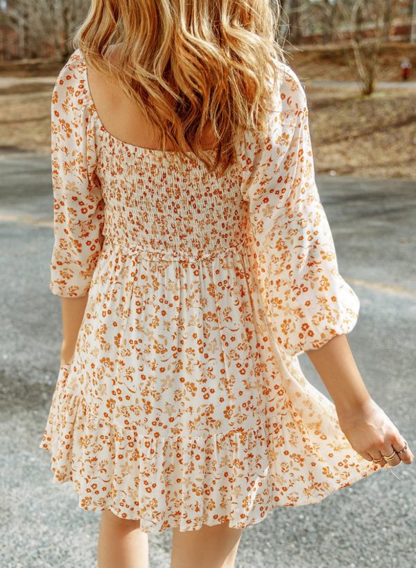 Spring Dresses for Women 2025 Boho Floral Square Neck Smocked 3/4 Sleeve Casual A-Line Swing Mini Dress Sundress