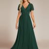 Women's Summer Wedding Guest Dress Glitter V Neck Pleated Short Sleeves Evening Mother Dresses 11961