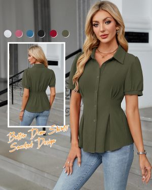 Womens Business Casual Tops Button Down Shirts Dressy Smocked Peplum Blouses Trendy Summer Outfits 2025