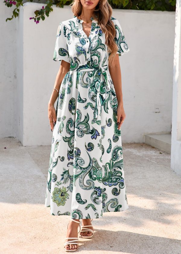 Women Puff Sleeve Boho Floral Maxi Dress 2025 Spring Summer Button Shirt V Neck Flowy Belted Beach Vacation Dresses