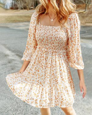 Spring Dresses for Women 2025 Boho Floral Square Neck Smocked 3/4 Sleeve Casual A-Line Swing Mini Dress Sundress