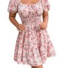 Women's Boho Square Neck Puff Short Sleeve Self Tie Front A Line Dress