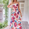 Women Strapless Casual Loose Ruched Long Maxi Dress with Pockets