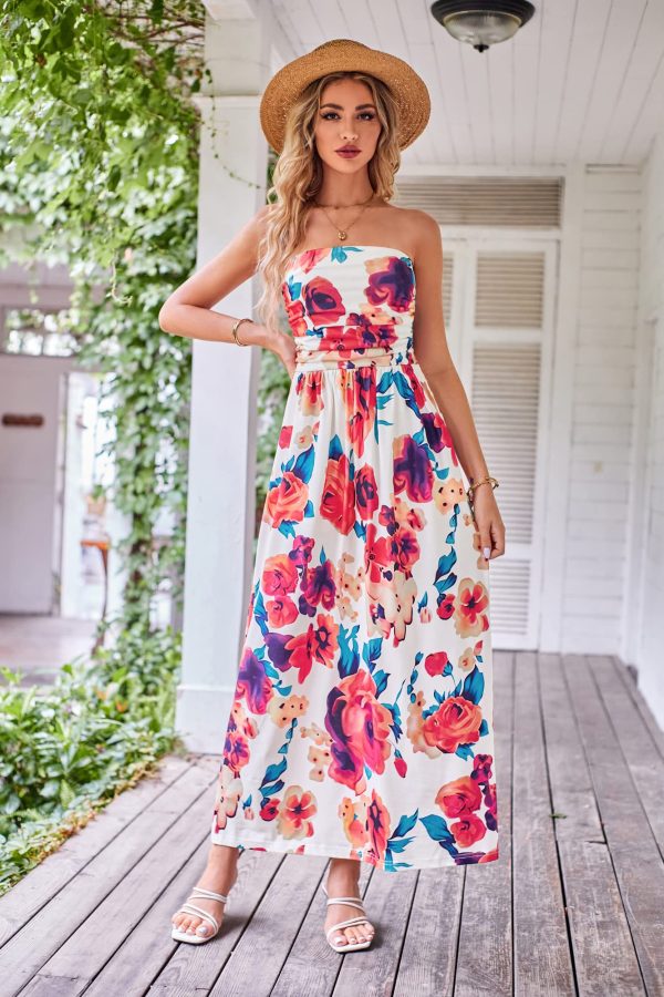 Women Strapless Casual Loose Ruched Long Maxi Dress with Pockets