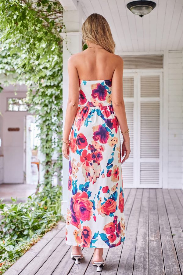 Women Strapless Casual Loose Ruched Long Maxi Dress with Pockets