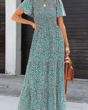 Women's 2025 Summer Casual Flutter Short Sleeve Boho Floral Maxi Dress Crew Neck Smocked Tiered Long Dresses