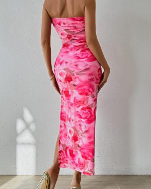 Women's Summer Maxi Bodycon Dresses Strapless Tube Top Slit Floral Printed Party Club Long Dress