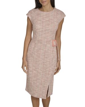 Women's Tweed Cap Sleeve Belt Basic Dress