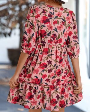 Womens Boho Floral Dress 2025 Summer V-Neck Half Sleeve Empire Waist Dress Flowy Mini Casual Dresses