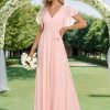 Women's Bridesmaid Dress V-Neck Ruffle Sleeves Ruched Bust Floor Length Chiffon Formal Dresses 0164A
