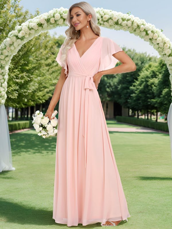 Women's Bridesmaid Dress V-Neck Ruffle Sleeves Ruched Bust Floor Length Chiffon Formal Dresses 0164A