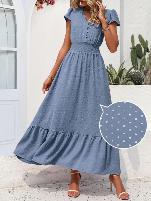 Womens Dresses 2025 Summer Maxi Dress Boho Short Sleeve V Neck Swiss Dot Ruffle Tiered Smocked Flowy Long Dress