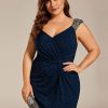 V-Neck High Slit Glitter Bodycon Plus Size Ball Gowns Formal Evening Dresses for Curvy Women 01888-DA