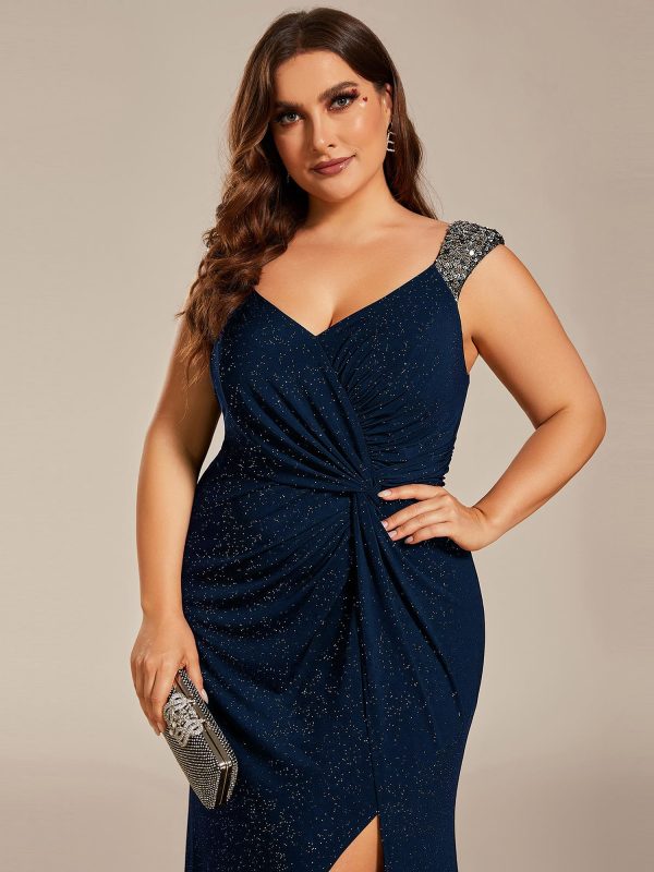 V-Neck High Slit Glitter Bodycon Plus Size Ball Gowns Formal Evening Dresses for Curvy Women 01888-DA