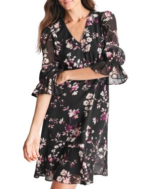 womens V-neck Balloon Sleeve Dress With Ruffle Hem