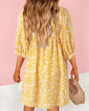 Womens Summer Dresses 2025 Boho Floral Drawstring V Neck Chiffon Lantern Sleeve Beach Vacation Mini Dress Sundress