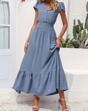 Womens Dresses 2025 Summer Maxi Dress Boho Short Sleeve V Neck Swiss Dot Ruffle Tiered Smocked Flowy Long Dress