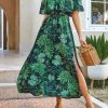 Women Ruffle Floral Maxi Summer Dress Off Shoulder Short Sleeve Backless Flounce Bodice Slit Hem Beach Dresses