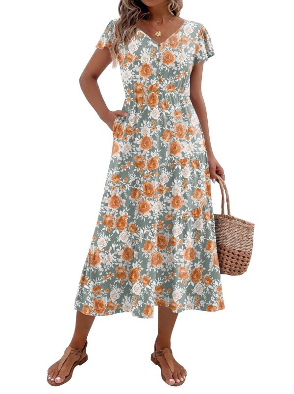 Women's Summer Casual Dress Flutter Short Sleeve V Neck Button Down Tiered Flowy Long Dress with Pockets