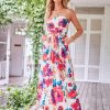 Women Strapless Casual Loose Ruched Long Maxi Dress with Pockets