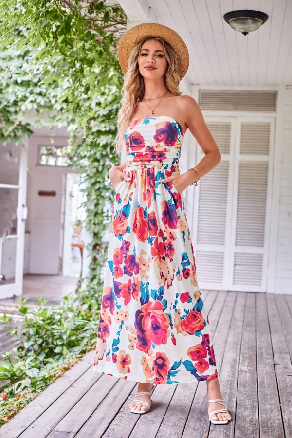 Women Strapless Casual Loose Ruched Long Maxi Dress with Pockets