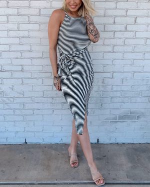 Women Casual Sleeveless Striped Tank Midi Dresses Halter Neck Ruched Bodycon Dresses Tie Waist T Shirt Summer Dress