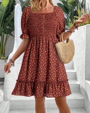 Womens Casual Summer Dresses Short Sleeve Square Neck Smocked Boho Floral Sundress Flowy A-Line Mini Dress